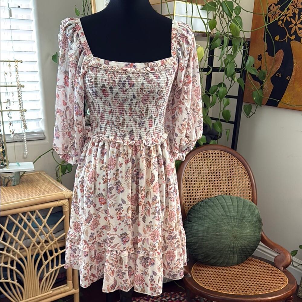 Super Natural by Secret Mission Greenport Floral Paisley Boho Smocked Mini Dress
